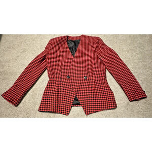 D’Angelo‎ Women 10 Blazer Wool Houndstooth Lined V-Neck Black Red VTG